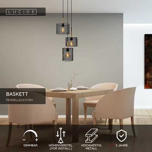 Lucide BASKETT - Pendelleuchten - 3xE27 - Schwarz - USP